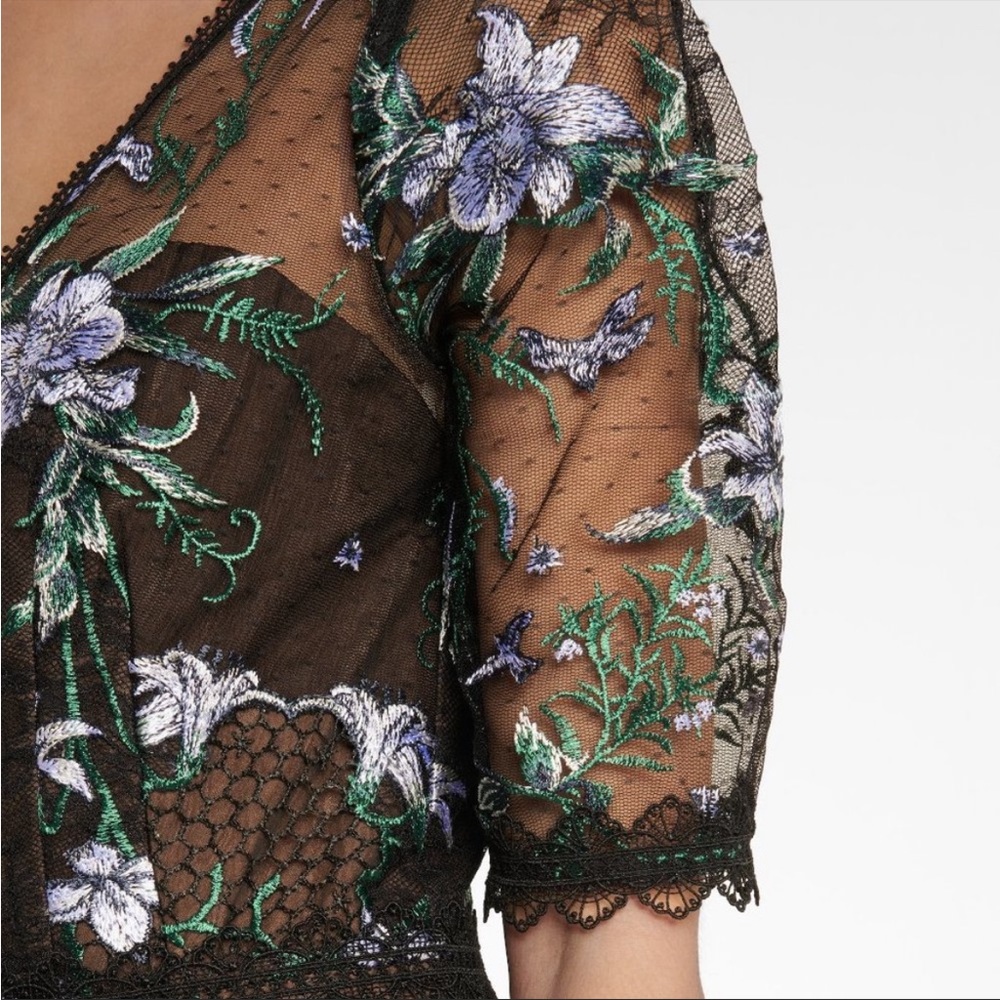 Marchesa Notte Black Floral Lace Embroidered Midi Dress 8 - Picture 5 of 13
